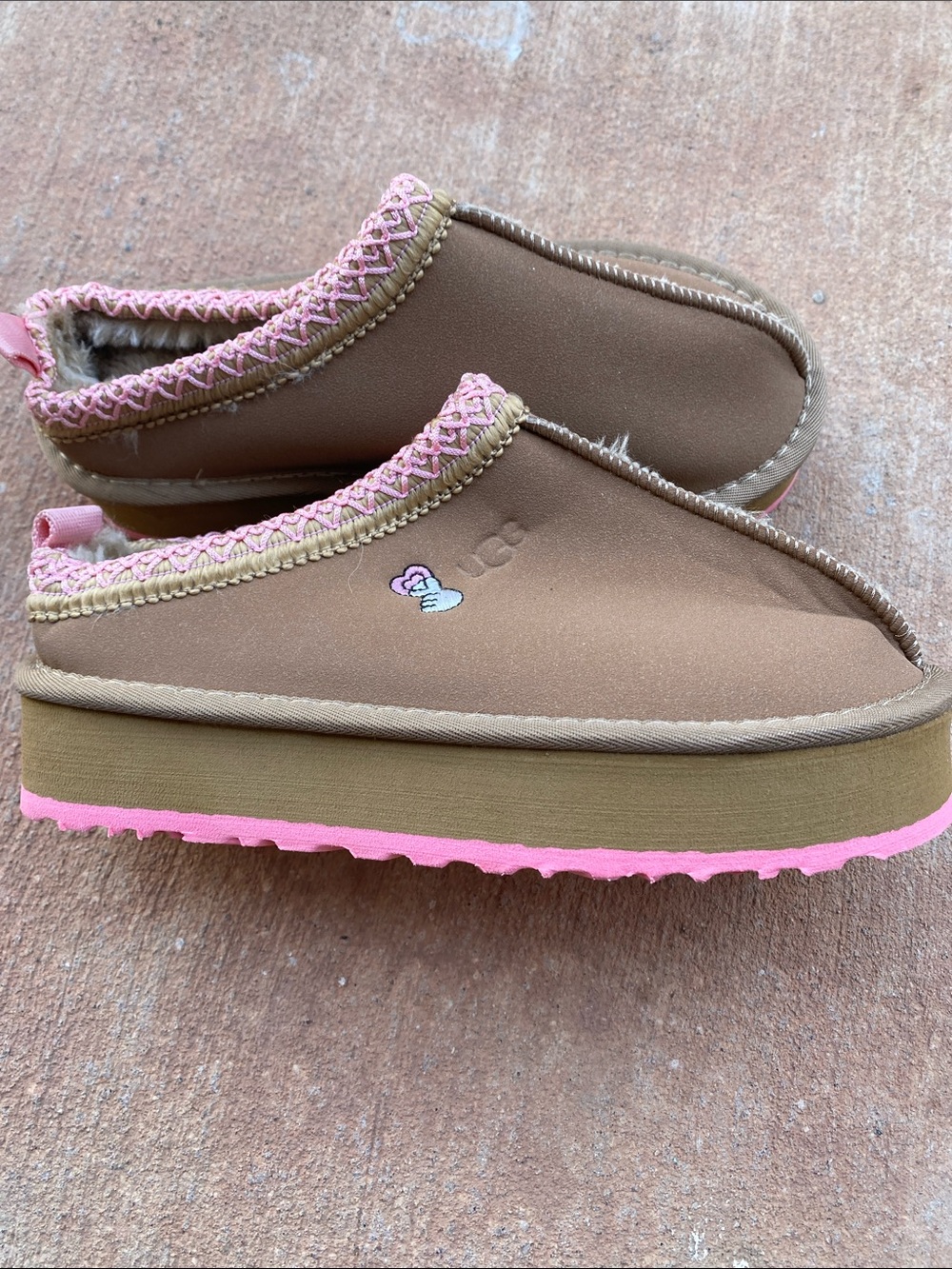 UGG Brown Slip-On Platform Slippers with Pink Trim